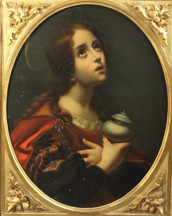 After Carlo Dolci (1616-1686) The Angel of the Annunciation and St Mary Magdalene, Florentine framed; 28 x 22in.